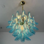 Isar Blue Petal Glass Chandelier | Blue Glass and Brass | Bottom-up angled view of the blue petal glass chandelier on a ceiling | Severn Lighting