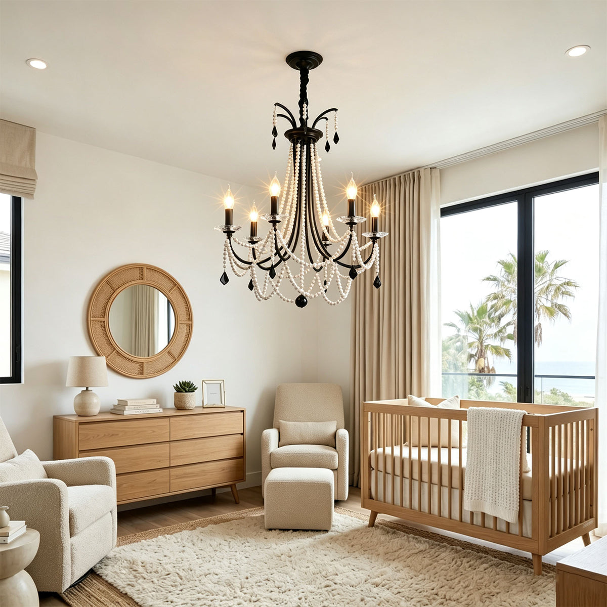 Isolde Pearl Swag Candle Chandelier | Pearl Beads, Crystal and Metal | Lighting a cozy nursery room with a wooden crib and armchair | Severn Lighting