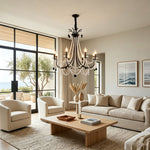 Isolde Pearl Swag Candle Chandelier | Pearl Beads, Crystal and Metal | Styled in a modern living room with French doors and neutral decor | Severn Lighting