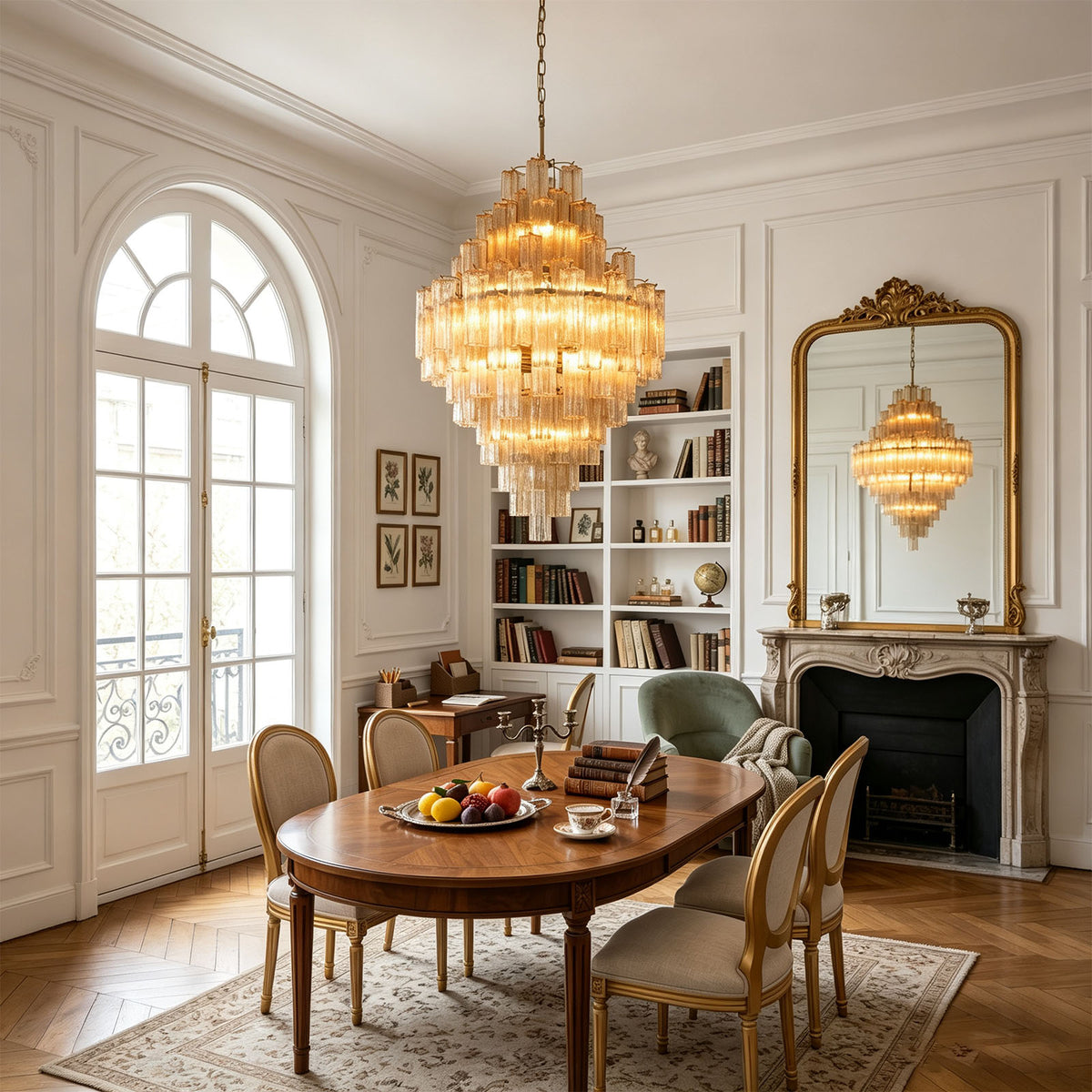 Kester Amber Glass Tier Chandelier | Amber Glass and Brass | Illuminating a dining room above a dark wooden oval table | Severn Lighting
