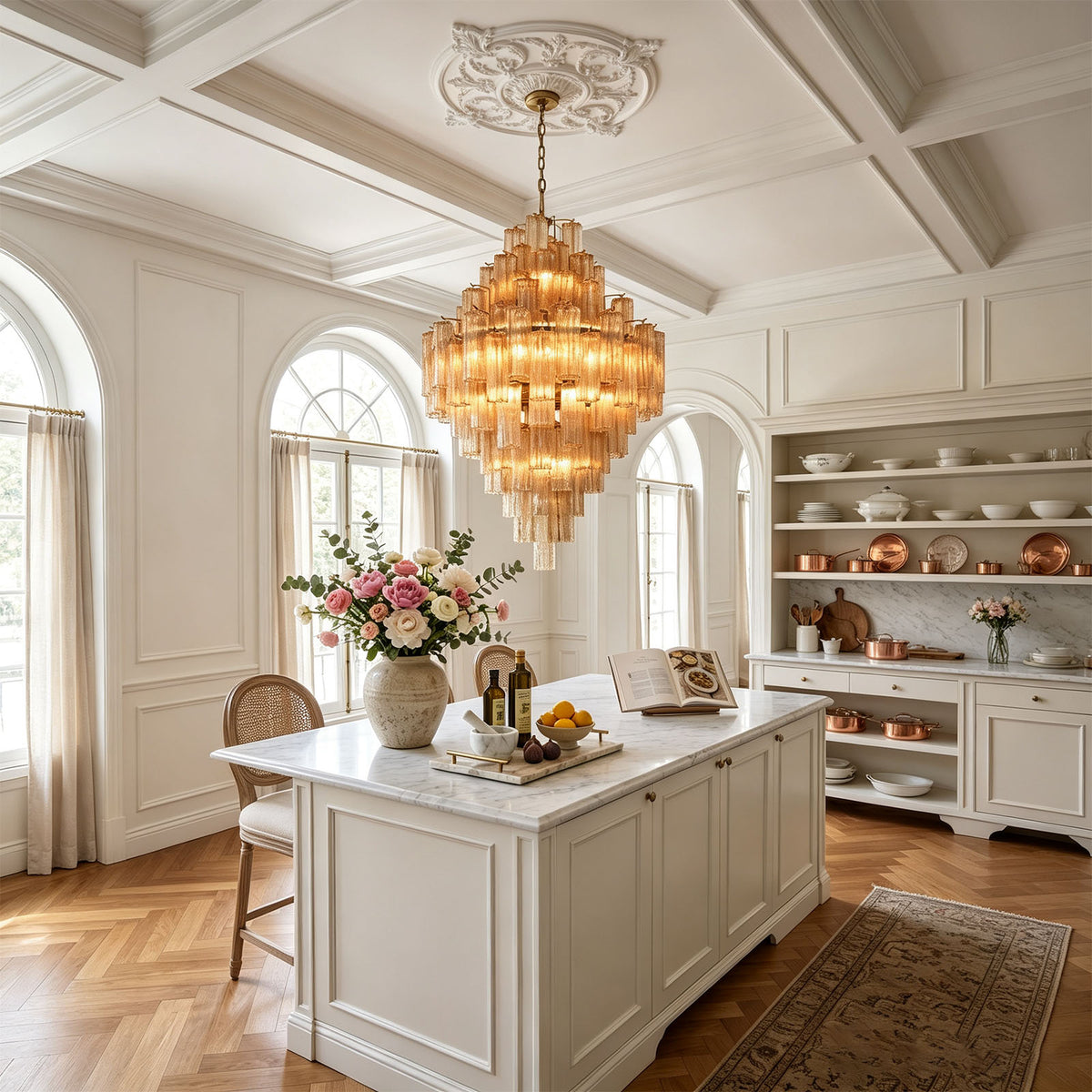 Kester Amber Glass Tier Chandelier | Amber Glass and Brass | Lighting up a white kitchen island area with coffered ceiling | Severn Lighting