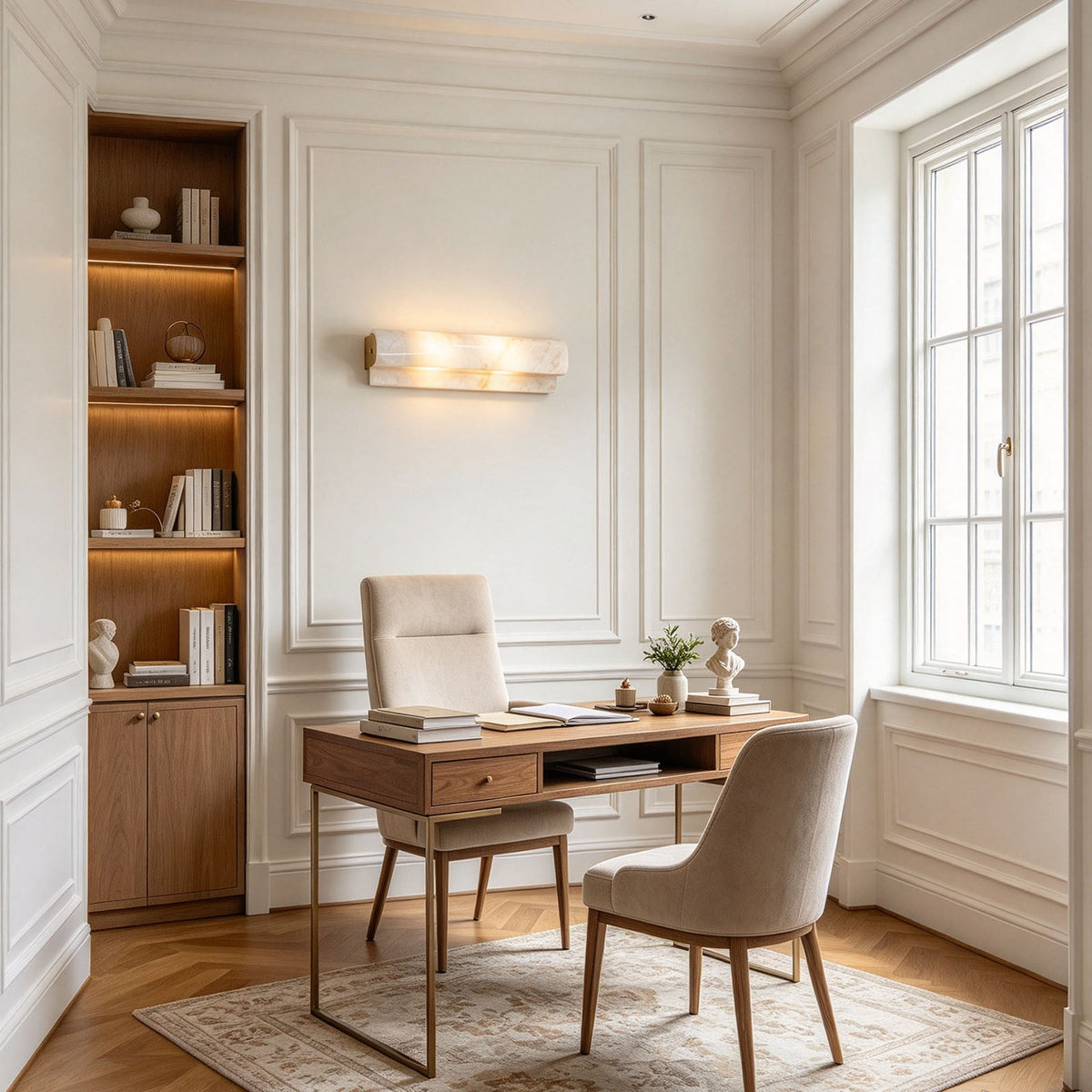 Lamelune Stacked Sconce | Alabaster and Brass | Wall-mounted above wooden desk in a bright home office | Severn Lighting