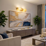 Lamelune Stacked Sconce | Alabaster and Brass | Lit over abstract wall painting in contemporary living room | Severn Lighting