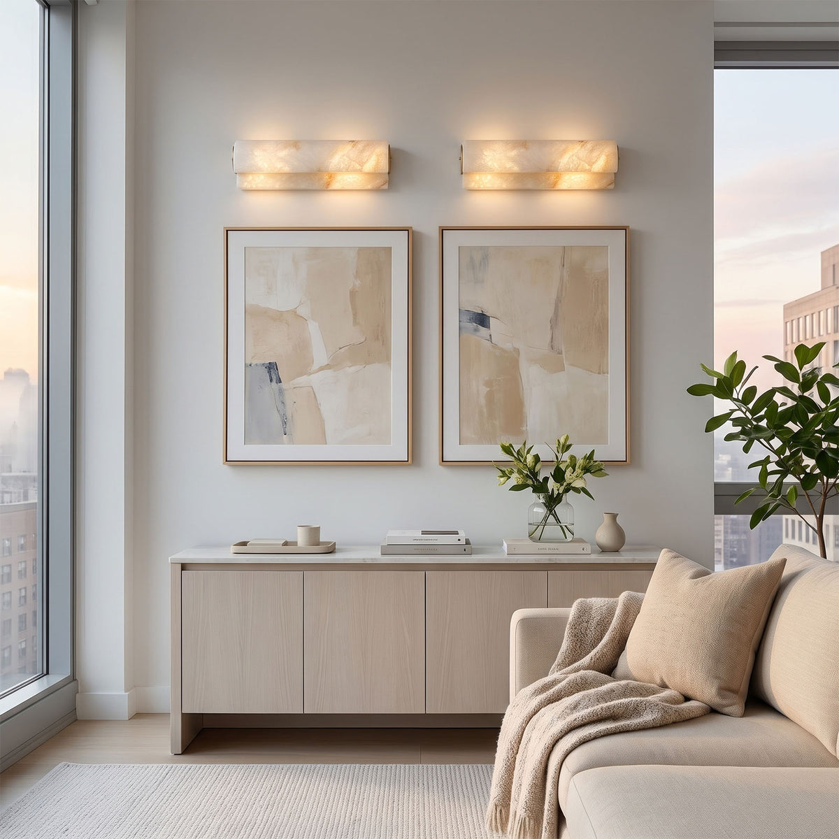 Lamelune Stacked Sconce | Alabaster and Brass | Pair mounted above wall art over console in modern room | Severn Lighting