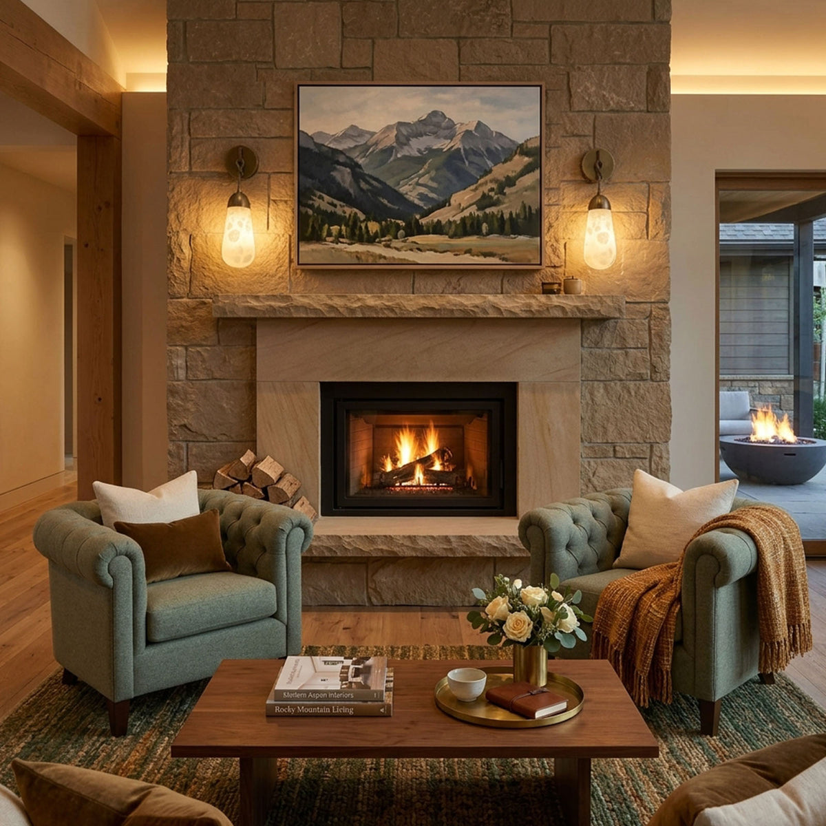 Larmelle Teardrop Sconce | Alabaster and Brass | Flanking a stone fireplace in high-ceiling living room | Severn Lighting