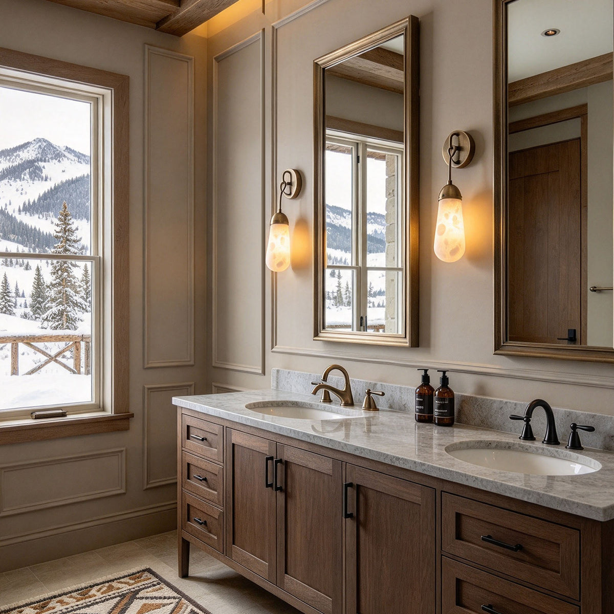 Larmelle Teardrop Sconce | Alabaster and Brass | Flanking mirrors in luxury double vanity bathroom | Severn Lighting
