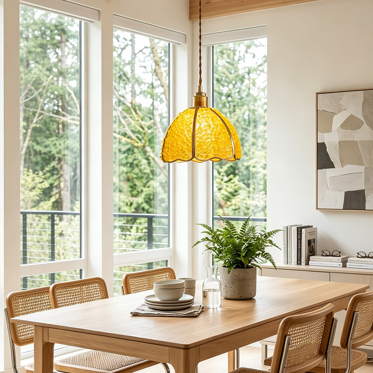 Liora Mosaic Glass Pendant Light | Yellow Mosaic Glass and Brass | Suspended above a wooden dining table and chairs in a bright modern dining room | Severn Lighting