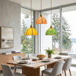 Liora Mosaic Glass Pendant Light | Colored Mosaic Glass and Brass | A cluster of three colorful pendants lined up above a dining table in an open-concept room | Severn Lighting