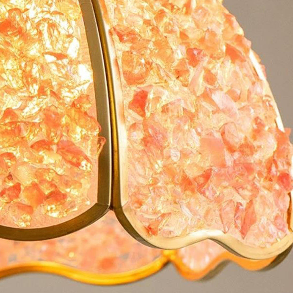 Liora Mosaic Glass Pendant Light | Pink Mosaic Glass and Brass | Close-up macro view detailing the pink mosaic glass surface and scalloped brass edge | Severn Lighting