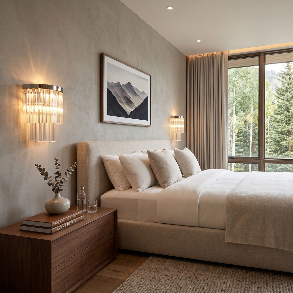 Marelle Glass Rod Tiered Wall Lamp | Clear Glass Rods and Metal | Positioned on a wall next to a bed and window in a modern bedroom | Severn Lighting