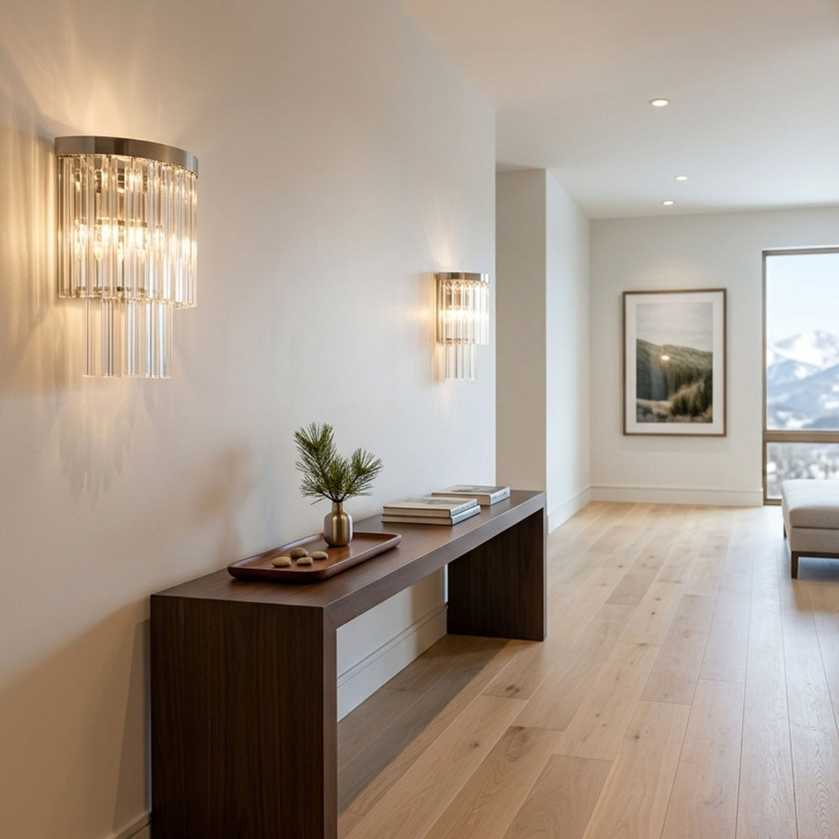 Marelle Glass Rod Tiered Wall Lamp | Clear Glass Rods and Metal | Styled in an entryway hallway corridor above a long console table | Severn Lighting