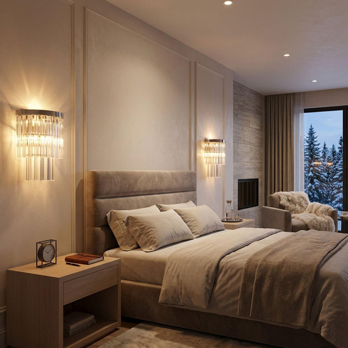 Marelle Glass Rod Tiered Wall Lamp | Clear Glass Rods and Metal | Pair of sconces mounted on wall flanking a bed in a warm bedroom setting | Severn Lighting