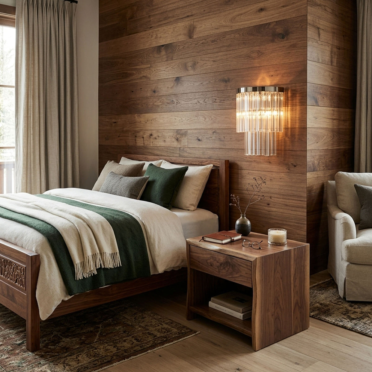 Marelle Glass Rod Tiered Wall Lamp | Clear Glass Rods and Metal | Installed in a cozy rustic bedroom with wood paneled wall above nightstand | Severn Lighting