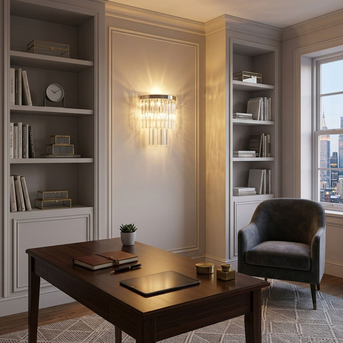 Marelle Glass Rod Tiered Wall Lamp | Clear Glass Rods and Metal | Lighting up a contemporary study room near bookshelves and a coffee table | Severn Lighting