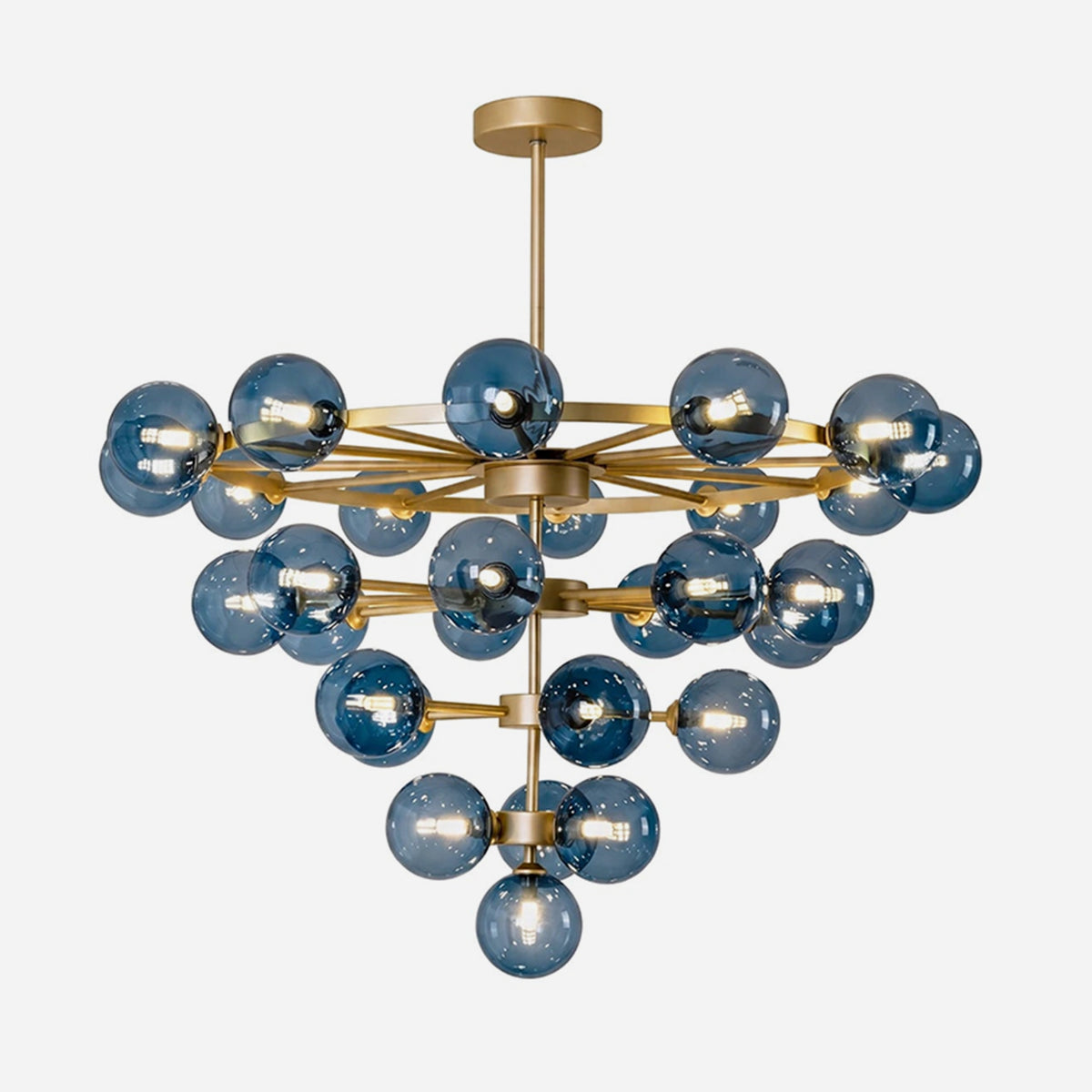Marisol Aquamarine Glass Bubble Chandelier | Aquamarine Glass and Brass | Front full view on a pure white background, illuminated | Severn Lighting
