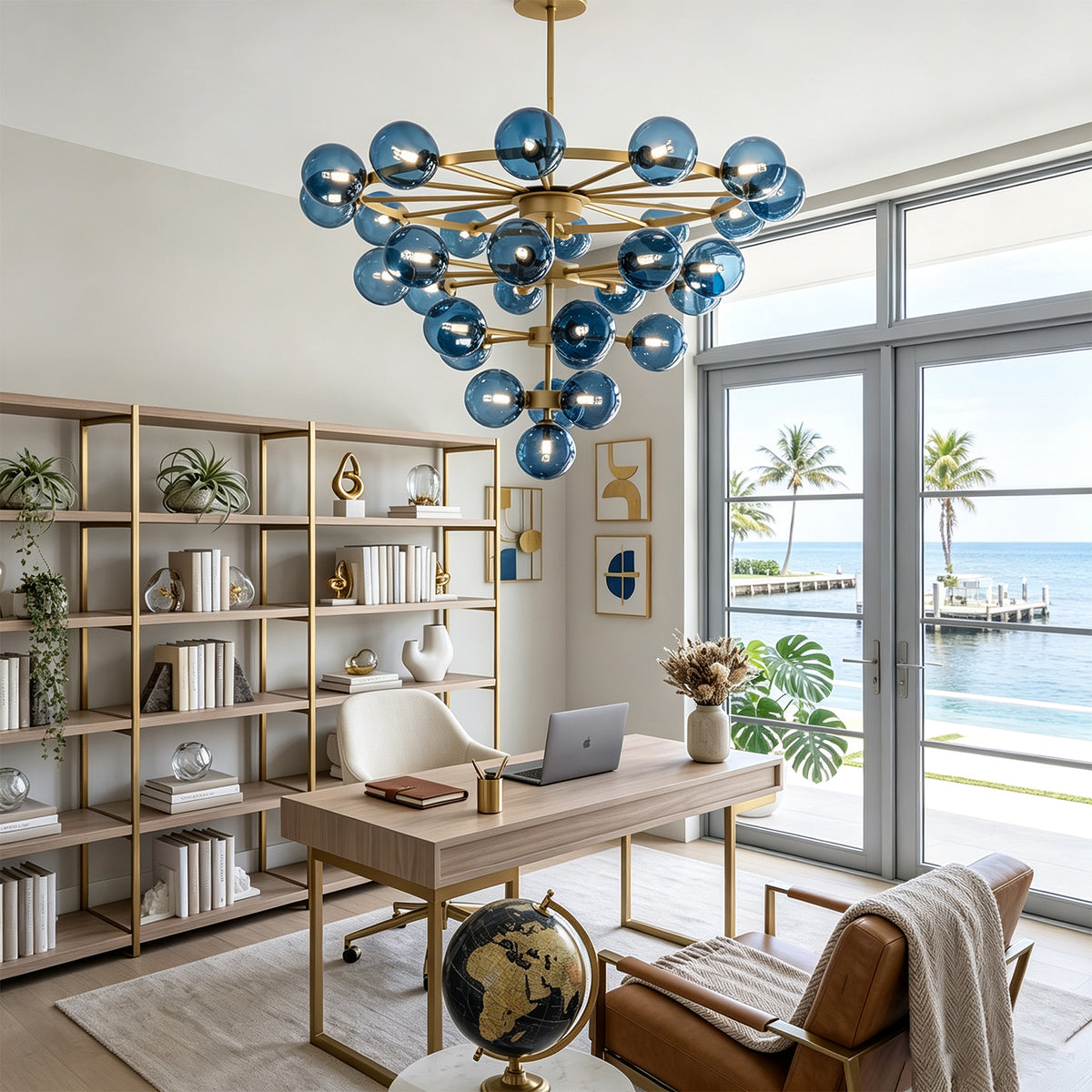 Marisol Aquamarine Glass Bubble Chandelier | Aquamarine Glass and Brass | Enhancing a modern home office with a wooden desk and open shelving | Severn Lighting