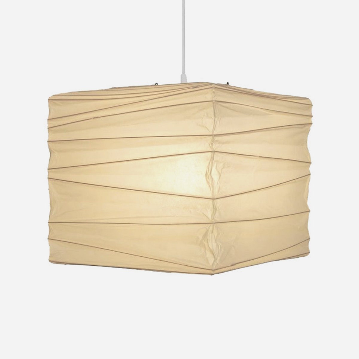 Marlen Squared Paper Column Pendant | Washi Paper and Metal | Front full view on a pure white background, illuminated | Severn Lighting
