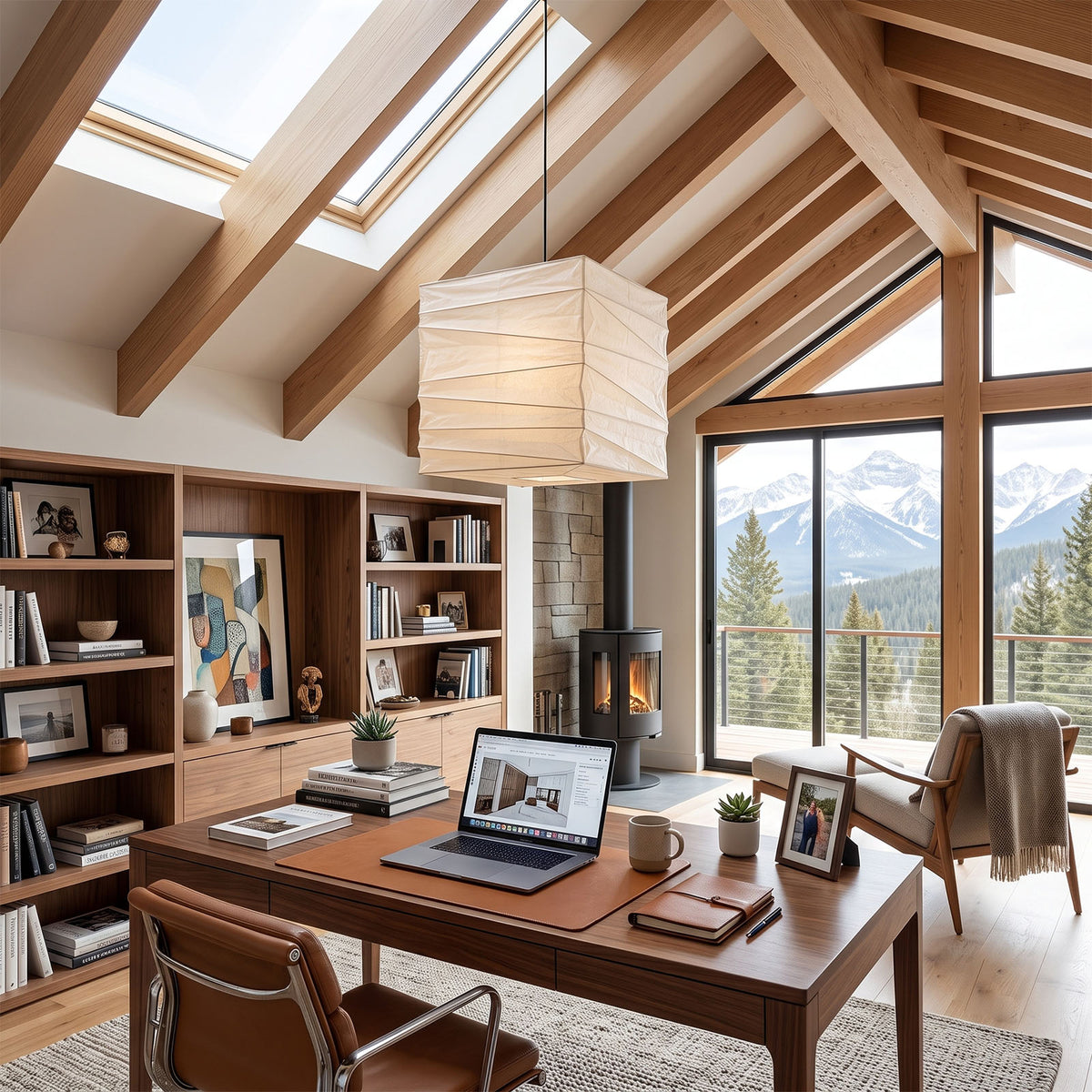Marlen Squared Paper Column Pendant | Washi Paper and Metal | Illuminating a home office with vaulted ceilings and a wooden desk | Severn Lighting