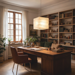 Marlen Squared Paper Column Pendant | Washi Paper and Metal | Centered in a classic study room with a wooden desk and bookshelves | Severn Lighting