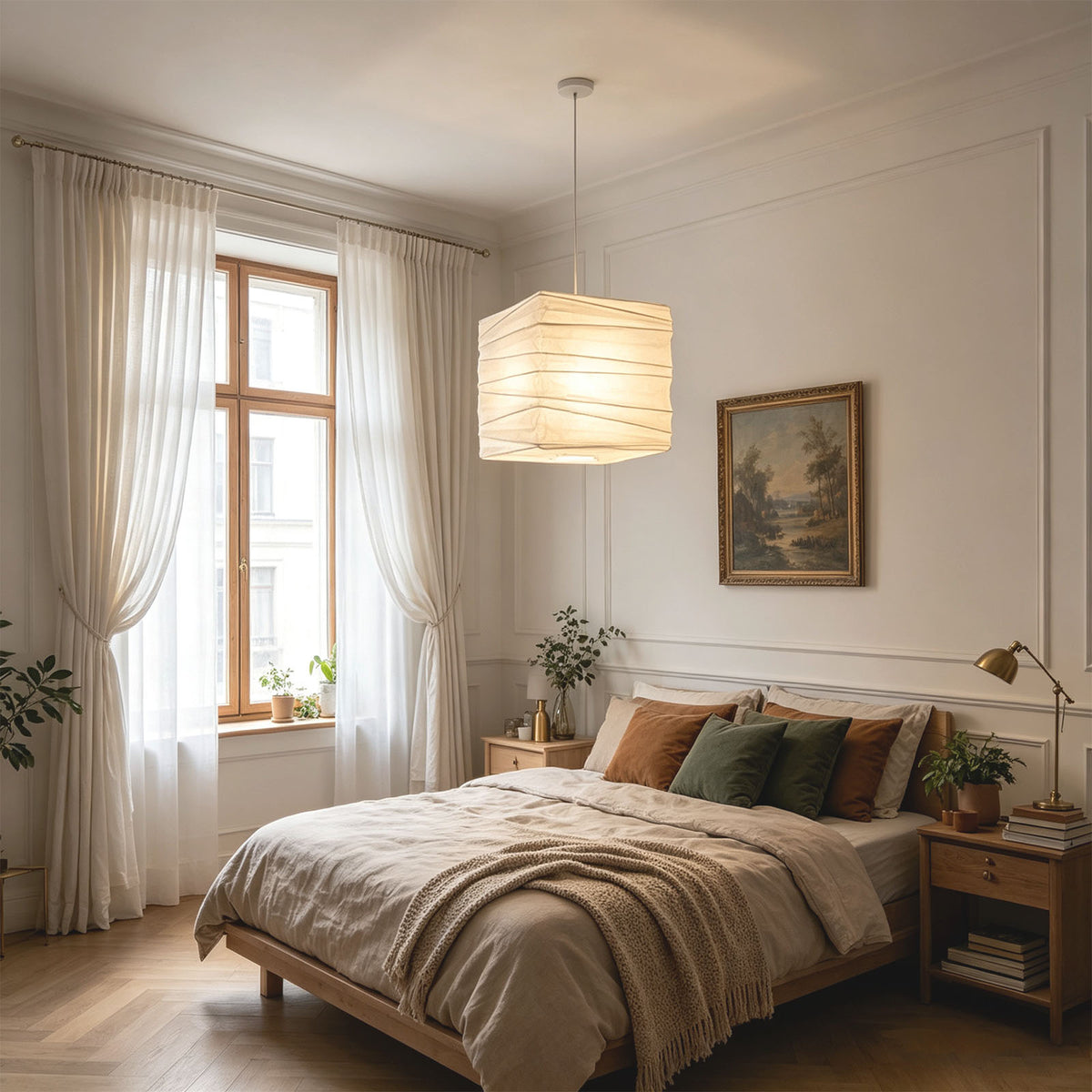 Marlen Squared Paper Column Pendant | Washi Paper and Metal | Suspended over a bed in a bright and comfortable bedroom | Severn Lighting