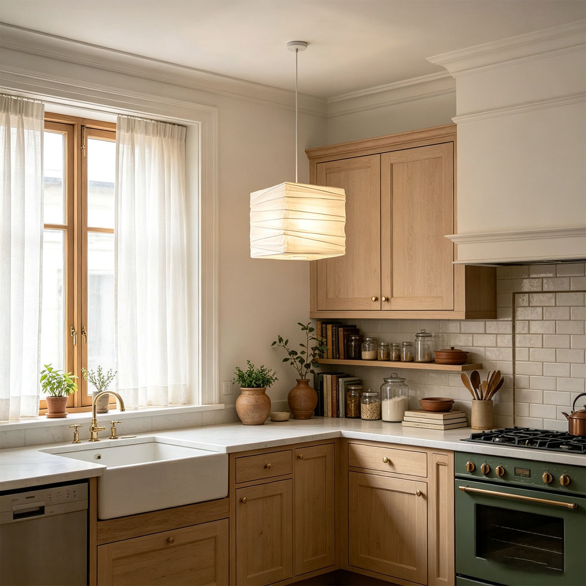 Marlen Squared Paper Column Pendant | Washi Paper and Metal | Lighting up a warm kitchen area over the sink and cabinets | Severn Lighting