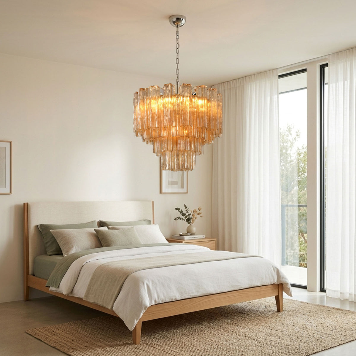 Merlande Amber Glass Tube Tiered Chandelier | Fluted Amber Glass and Brass | Lighting a cozy bedroom with a wooden bed frame and bedside tables | Severn Lighting