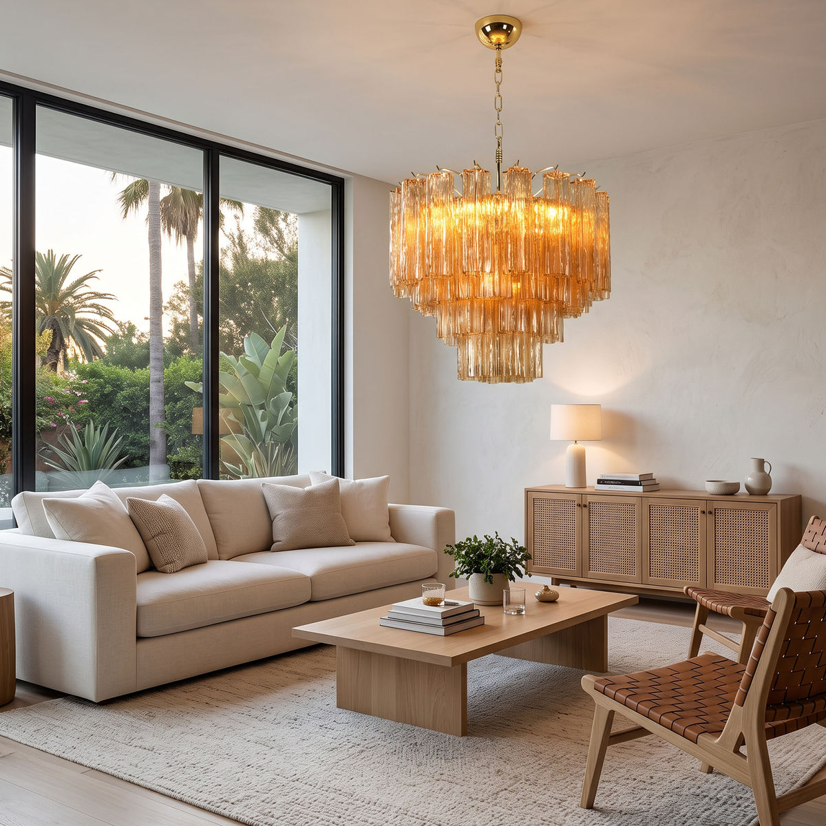 Merlande Amber Glass Tube Tiered Chandelier | Fluted Amber Glass and Brass | Displayed in a luxury living room with beige sofas and garden patio windows | Severn Lighting