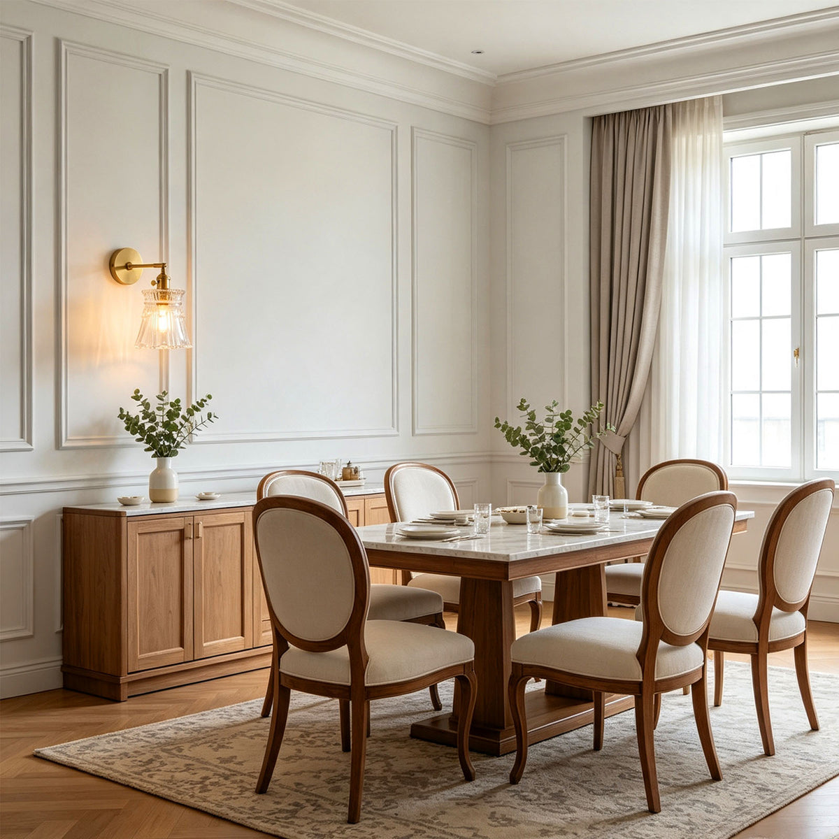 Merrick Fluted Glass Bell Wall Lamp | Fluted Glass and Brass | Illuminating a classic dining room wall above a wooden sideboard | Severn Lighting