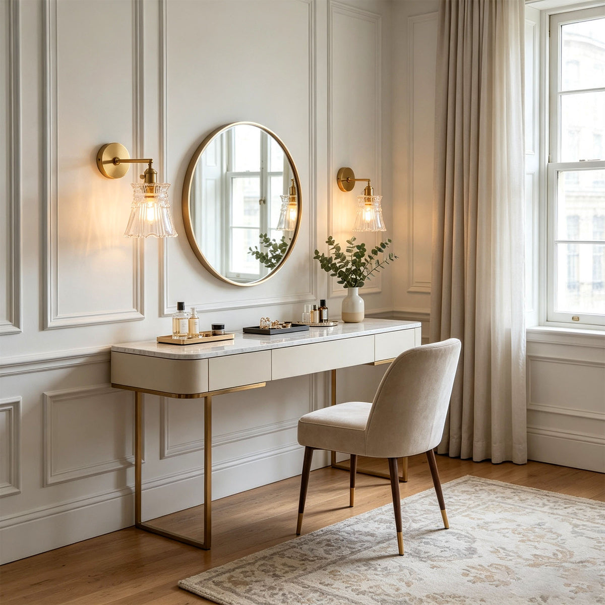 Merrick Fluted Glass Bell Wall Lamp | Fluted Glass and Brass | Flanking a round mirror above a white vanity dressing table | Severn Lighting