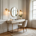 Merrick Fluted Glass Bell Wall Lamp | Fluted Glass and Brass | Flanking a round mirror above a white vanity dressing table | Severn Lighting