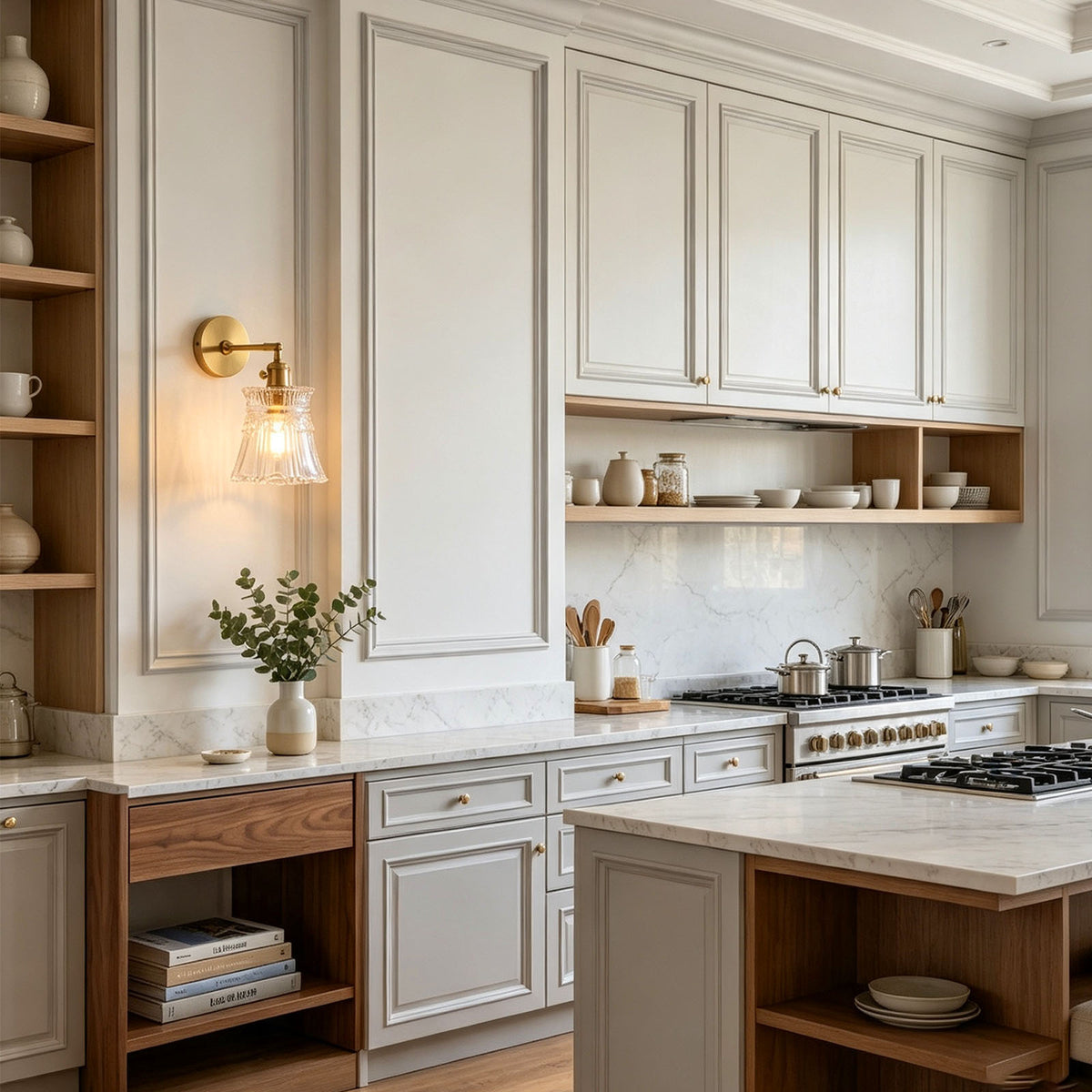 Merrick Fluted Glass Bell Wall Lamp | Fluted Glass and Brass | Installed on a white paneled wall in a classic kitchen | Severn Lighting