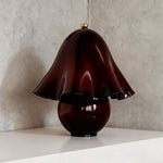 Mouchelle Mushroom Lamp | Burgundy Wine Glass | Solid wine red variant unlit resting on corner shelf | Severn Lighting