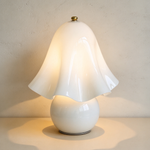 Mouchelle Mushroom Lamp | White Opal Glass | Front illuminated view of milk white lamp on tabletop | Severn Lighting