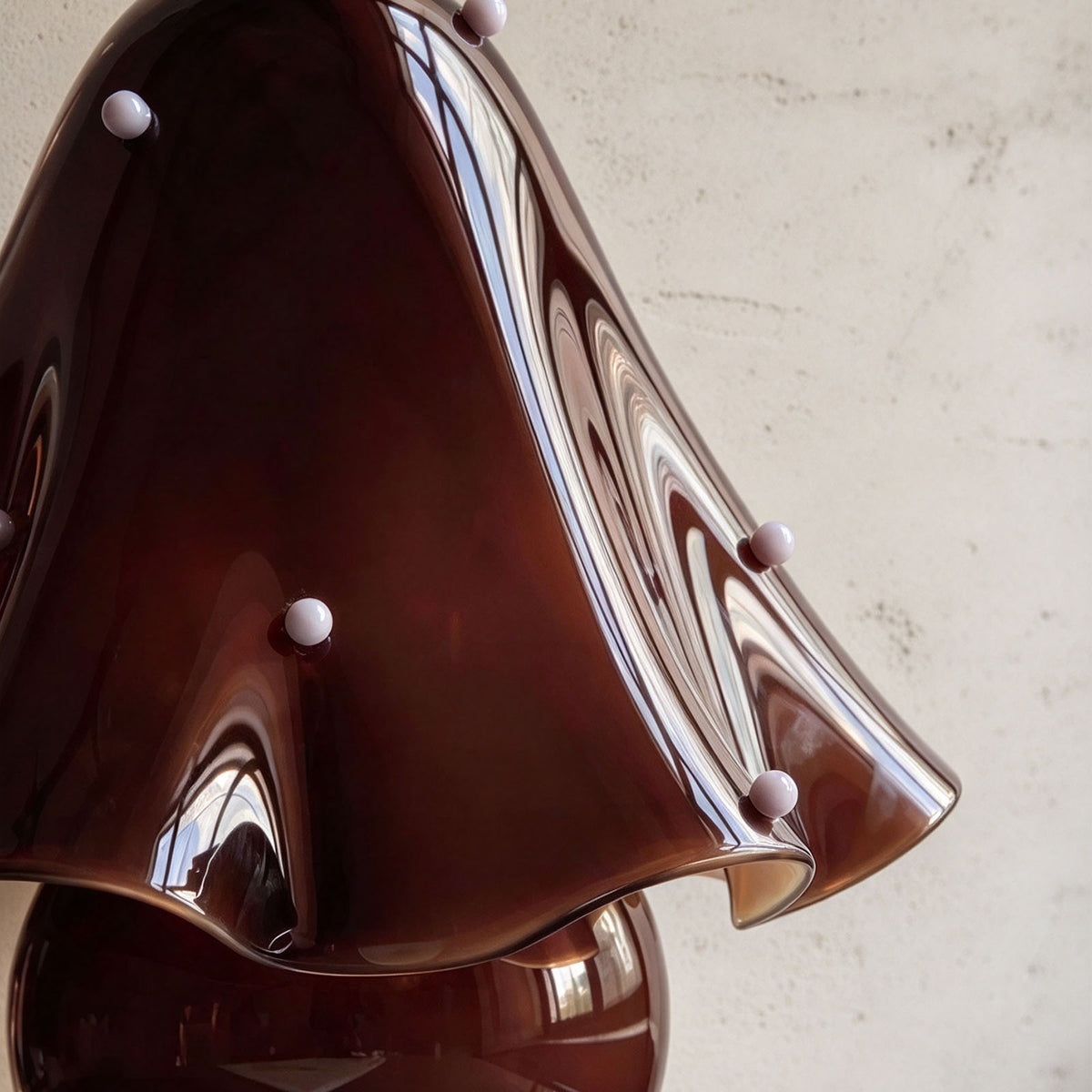 Mouchelle Mushroom Lamp | Wine Red Glass | Close-up of glossy burgundy ruffled fluted handkerchief | Severn Lighting