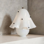 Mouchelle Mushroom Lamp | White Polka Dot Glass | Polka dot ruffled variant unlit on display shelf | Severn Lighting
