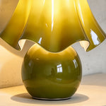 Mouchelle Mushroom Lamp | Olive Art Glass | Close-up of ruffled handkerchief shade and round base | Severn Lighting