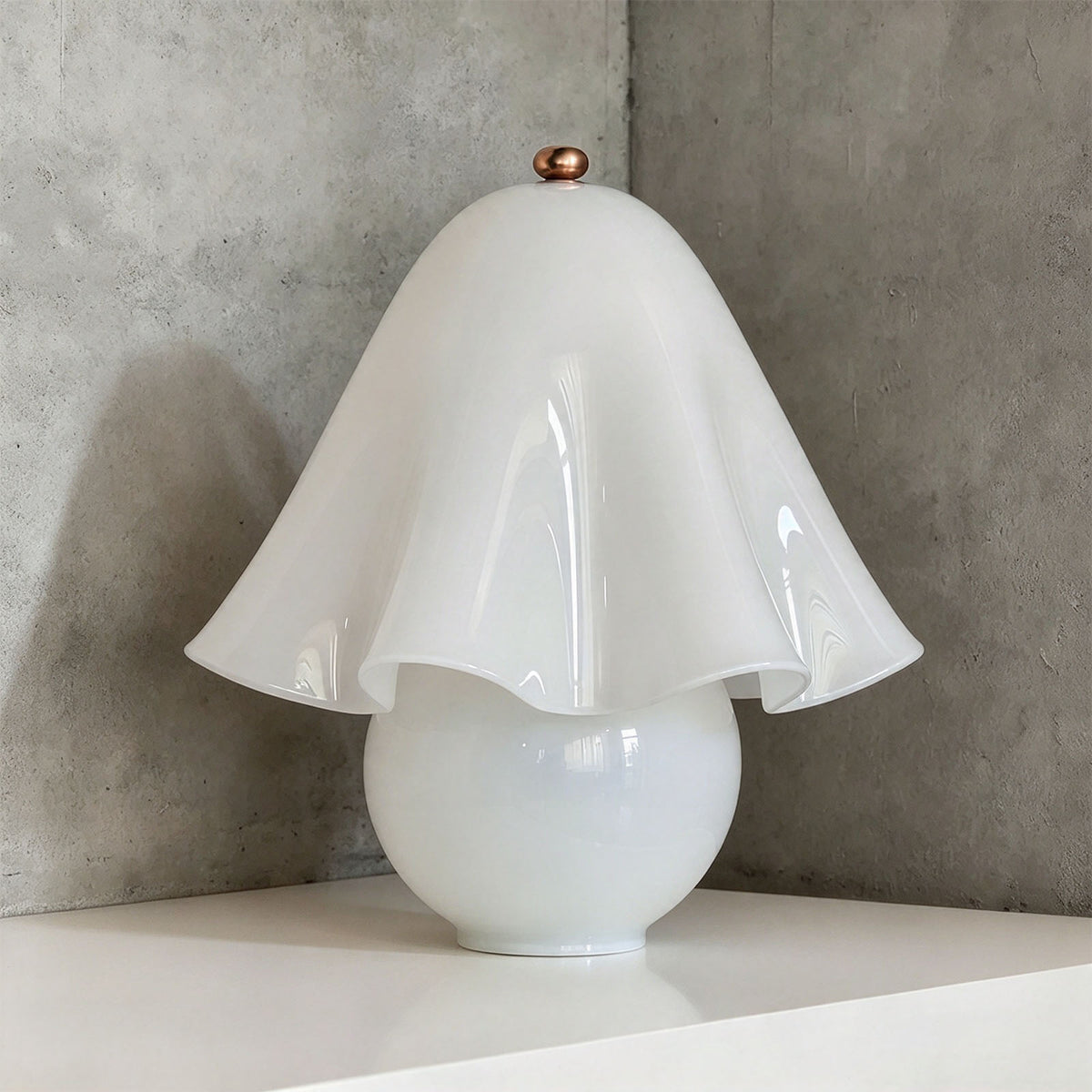 Mouchelle Mushroom Lamp | White Milk Glass | Unlit front view of pure white lamp on corner shelf | Severn Lighting