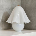 Mouchelle Mushroom Lamp | White Milk Glass | Unlit front view of pure white lamp on corner shelf | Severn Lighting