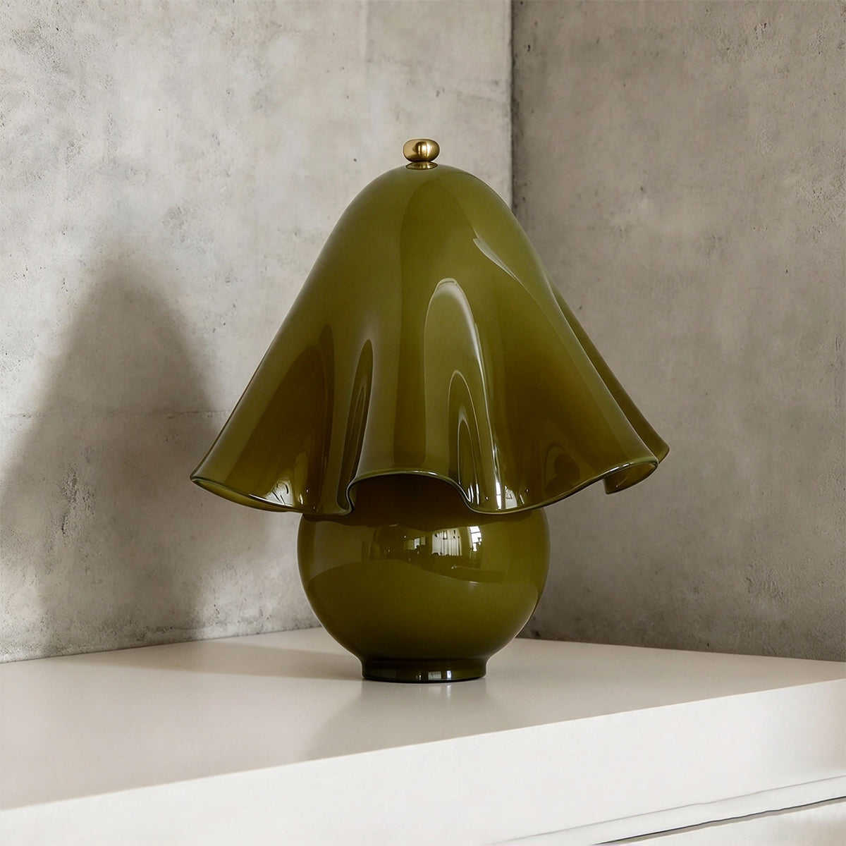 Mouchelle Mushroom Lamp | Olive Green Glass | Solid olive green variant unlit on corner shelf | Severn Lighting