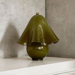 Mouchelle Mushroom Lamp | Olive Green Glass | Solid olive green variant unlit on corner shelf | Severn Lighting