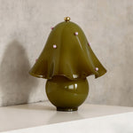 Mouchelle Mushroom Lamp | Green Polka Dot Glass | Green dotted ruffled variant unlit on shelf ledge | Severn Lighting