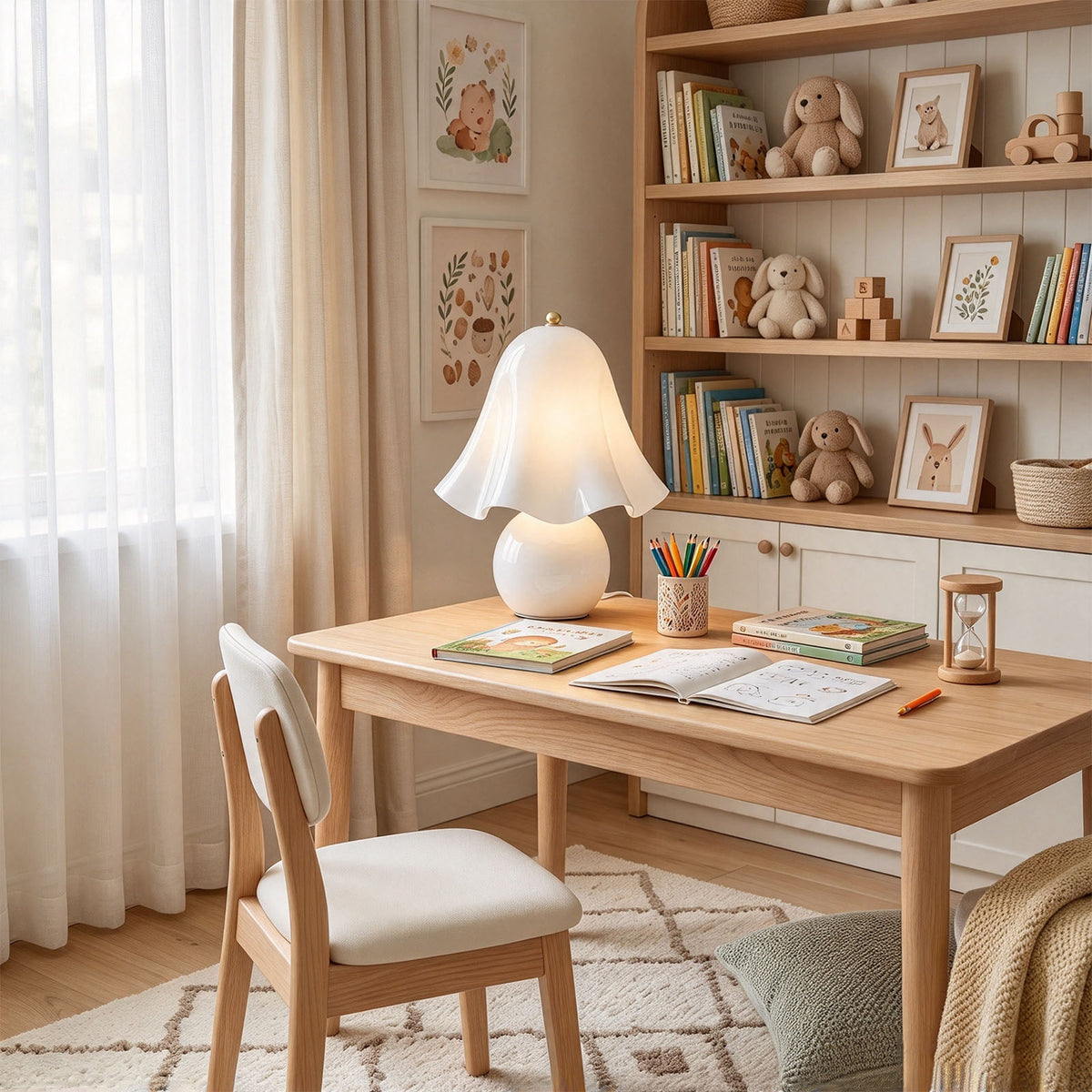 Mouchelle Mushroom Lamp | Milk Glass and Brass | Desk lamp on wooden study table beside a bookshelf | Severn Lighting