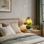 Mouchelle Mushroom Lamp | Art Glass and Brass | Bedside nightstand lighting in a cozy rustic bedroom | Severn Lighting