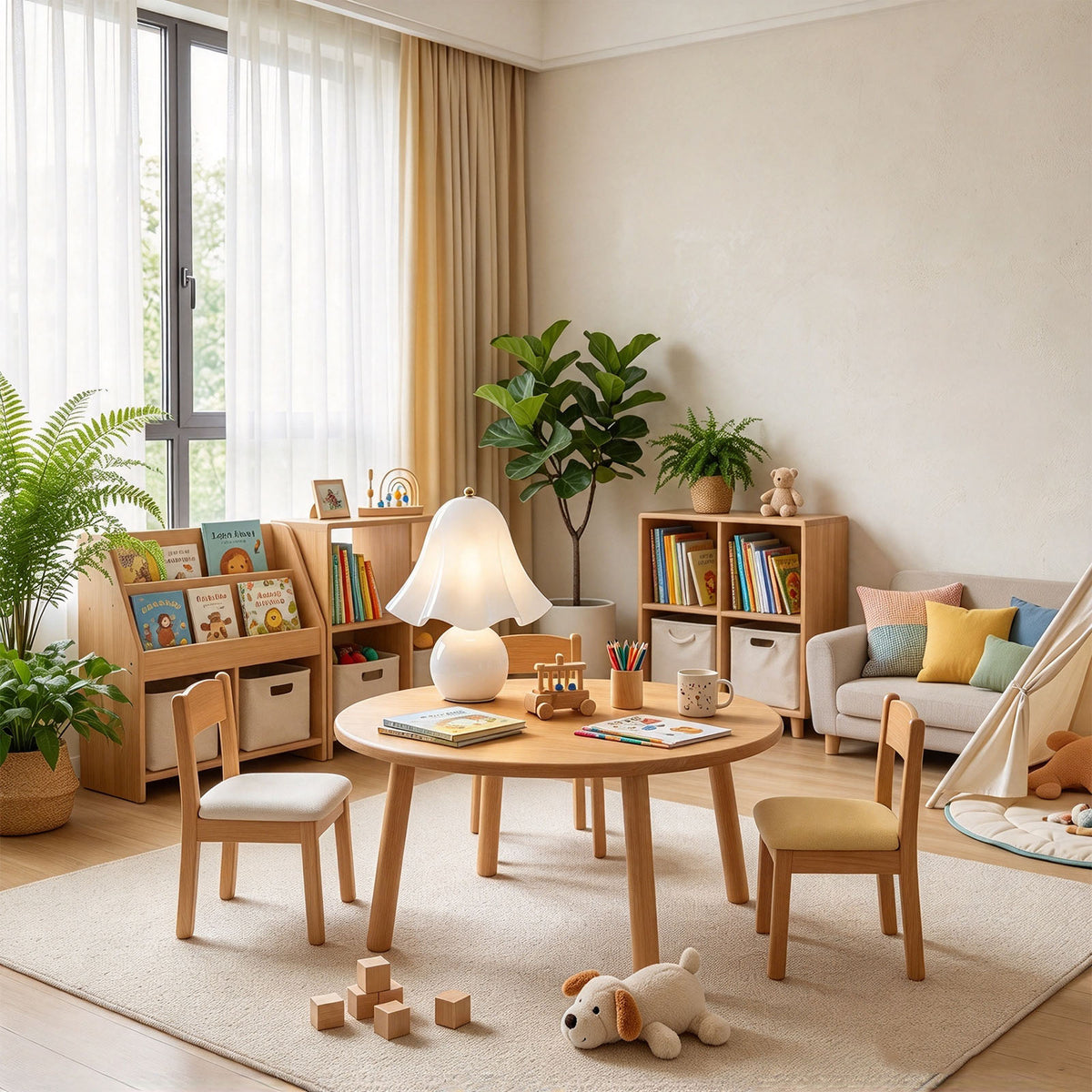 Mouchelle Mushroom Lamp | Milk Glass and Brass | Illuminated on a low wooden play table in living room | Severn Lighting