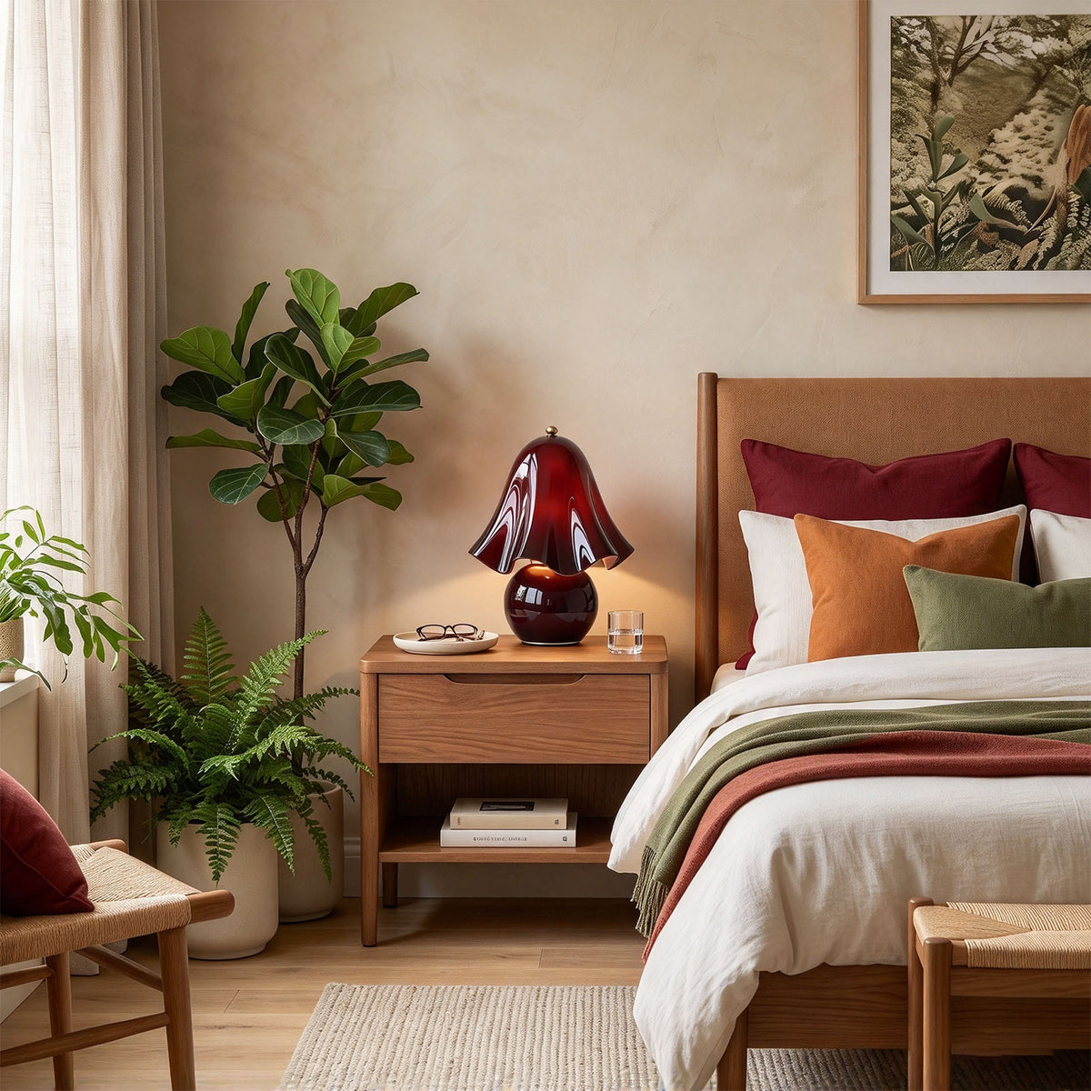 Mouchelle Mushroom Lamp | Red Glass and Brass | Lit beside a wooden bed frame in a warm earth-tone room | Severn Lighting