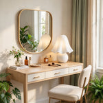 Mouchelle Mushroom Lamp | Milk Glass and Brass | Placed on a chic wooden vanity dressing table by mirror | Severn Lighting