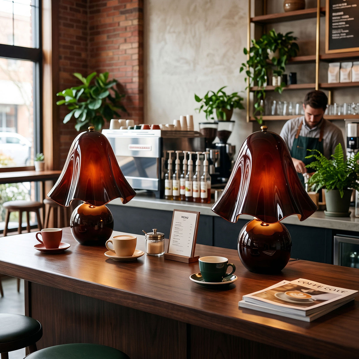 Mouchelle Mushroom Lamp | Red Glass and Brass | Pair of illuminated lamps on a modern coffee bar counter | Severn Lighting