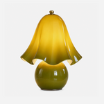 Mouchelle Mushroom Lamp | Handblown Art Glass | Studio shot of lit olive lamp on white background | Severn Lighting
