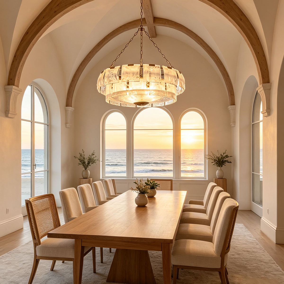 Nyle Tiered Glass Ring Chandelier | Textured Glass and Brass | Suspended over a long wooden dining table in an arched coastal room | Severn Lighting