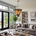 Octavia Sculptural Smoked Glass Chandelier | Textured Smoked Glass | Hanging in a grand contemporary living room with a large grey sectional sofa and high ceilings | Severn Lighting